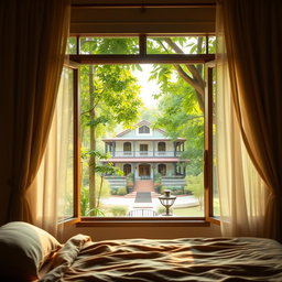 A serene and nostalgic view from a bedroom window looking out towards the house of Kapitan Tiago