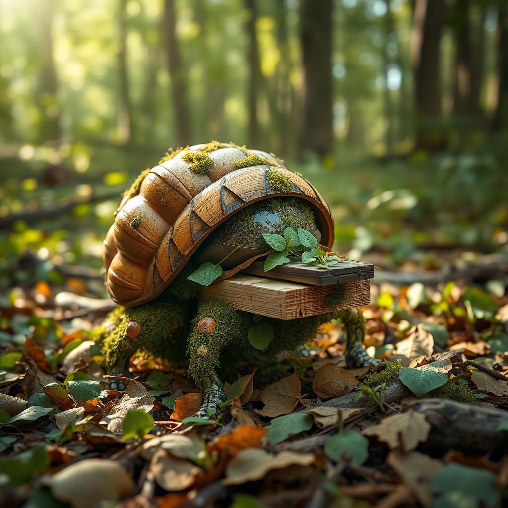 A fantastical creature designed to consume fallen leaves and wooden planks, featuring a shell that blends elements of both plant and wood textures