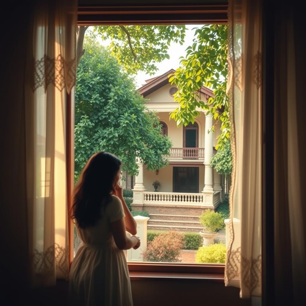 A dreamy view from a window looking out onto the house of Kapitan Tiago, set in a historical Filipino town
