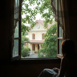 A dreamy view from a window looking out onto the house of Kapitan Tiago, set in a historical Filipino town