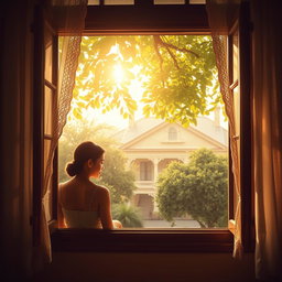 A dreamy view from a window looking out onto the house of Kapitan Tiago, set in a historical Filipino town