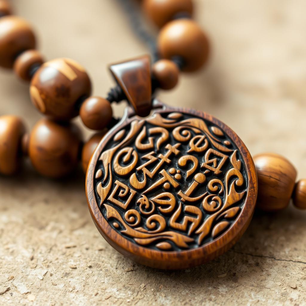 A wooden necklace symbolizing acceptance in philosophy, intricately carved with philosophical symbols and motifs