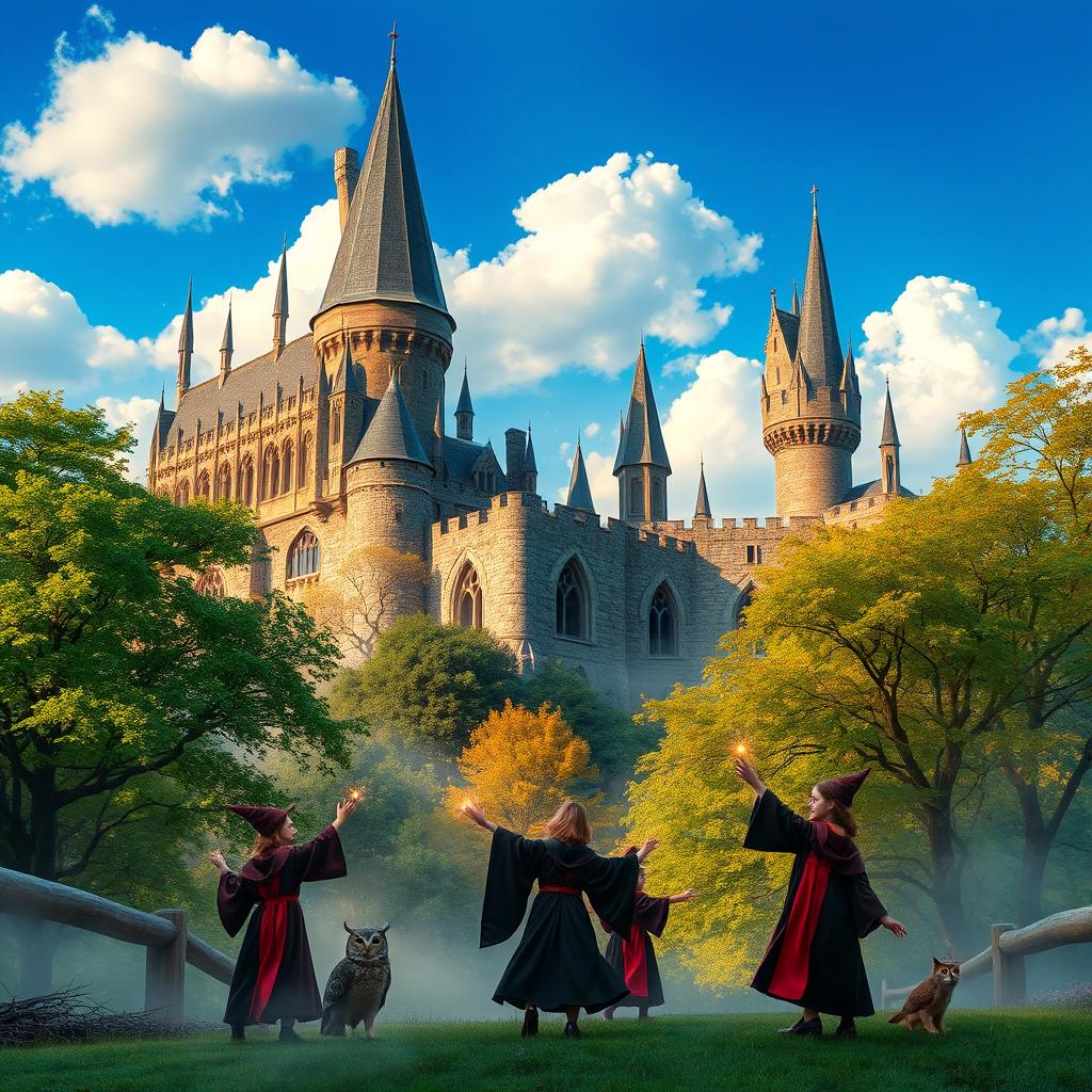 A magical scene inspired by the Harry Potter series, featuring a beautifully detailed ancient castle with tall spires and soaring towers, surrounded by a misty enchanted forest