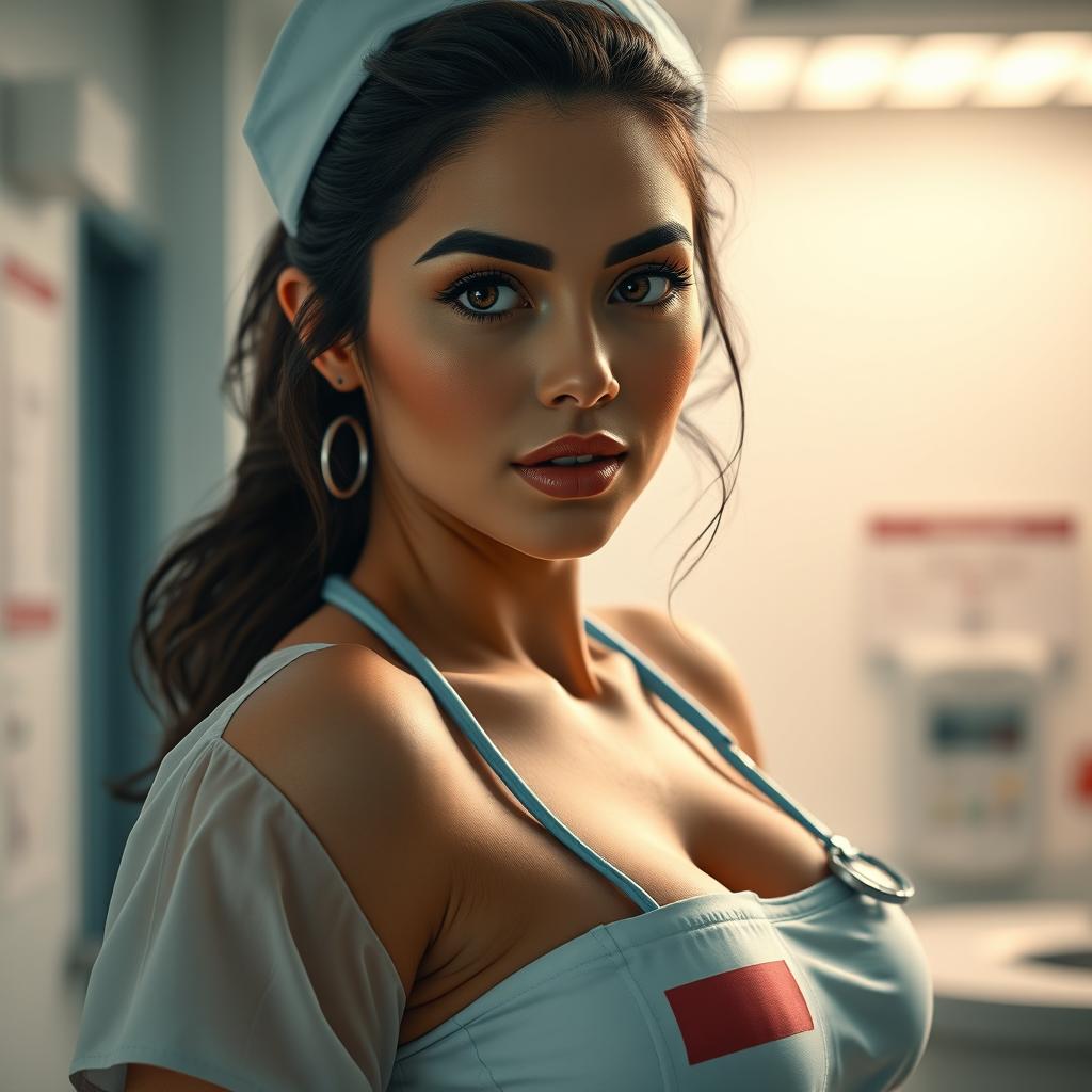 An ultra-realistic and detailed portrait of a sexy nurse, partially dressed in an alluring nurse costume