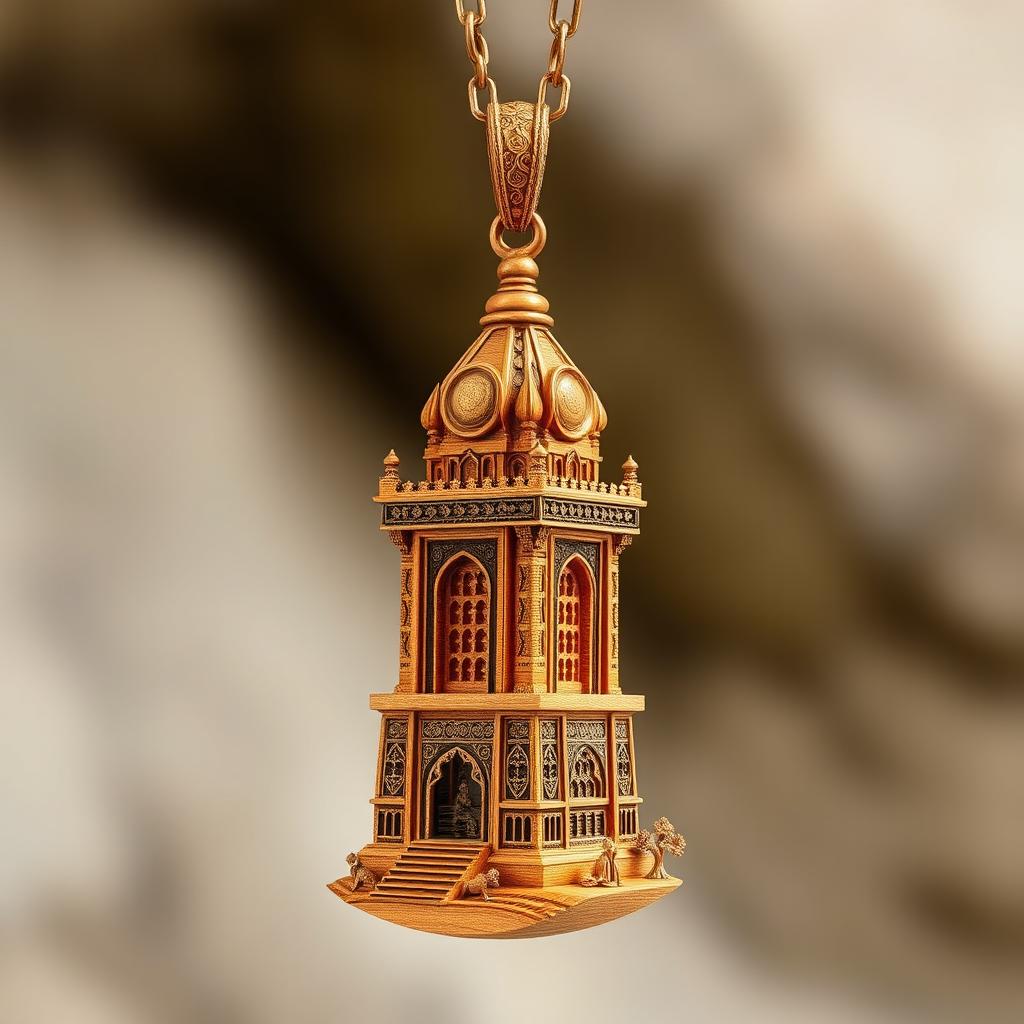 A stunning necklace featuring intricate carvings of the Azadi Tower in Tehran, elegantly crafted from finely detailed wood, showcasing the ornate patterns and architectural style of the landmark