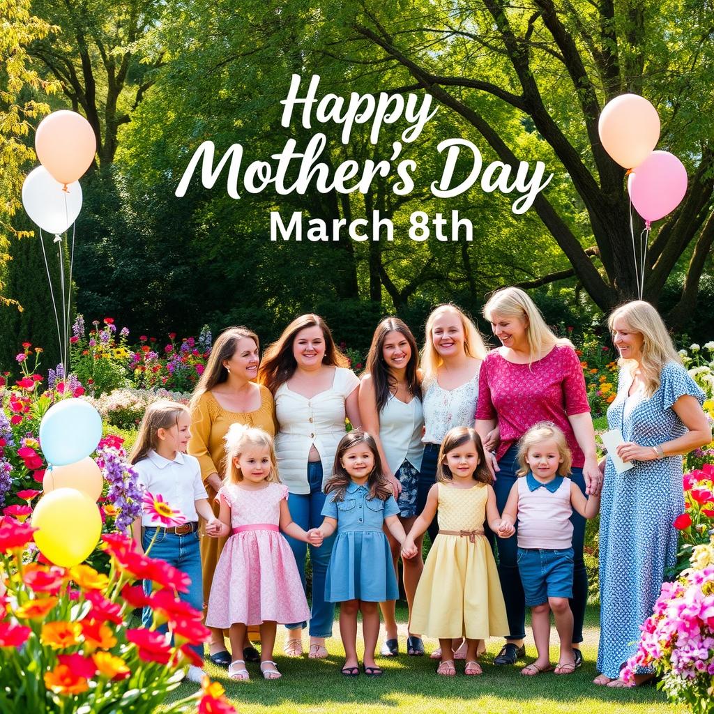 A heartfelt celebration of Mother's Day on March 8th, featuring a lush garden filled with vibrant flowers in bloom, symbolizing love and appreciation for mothers