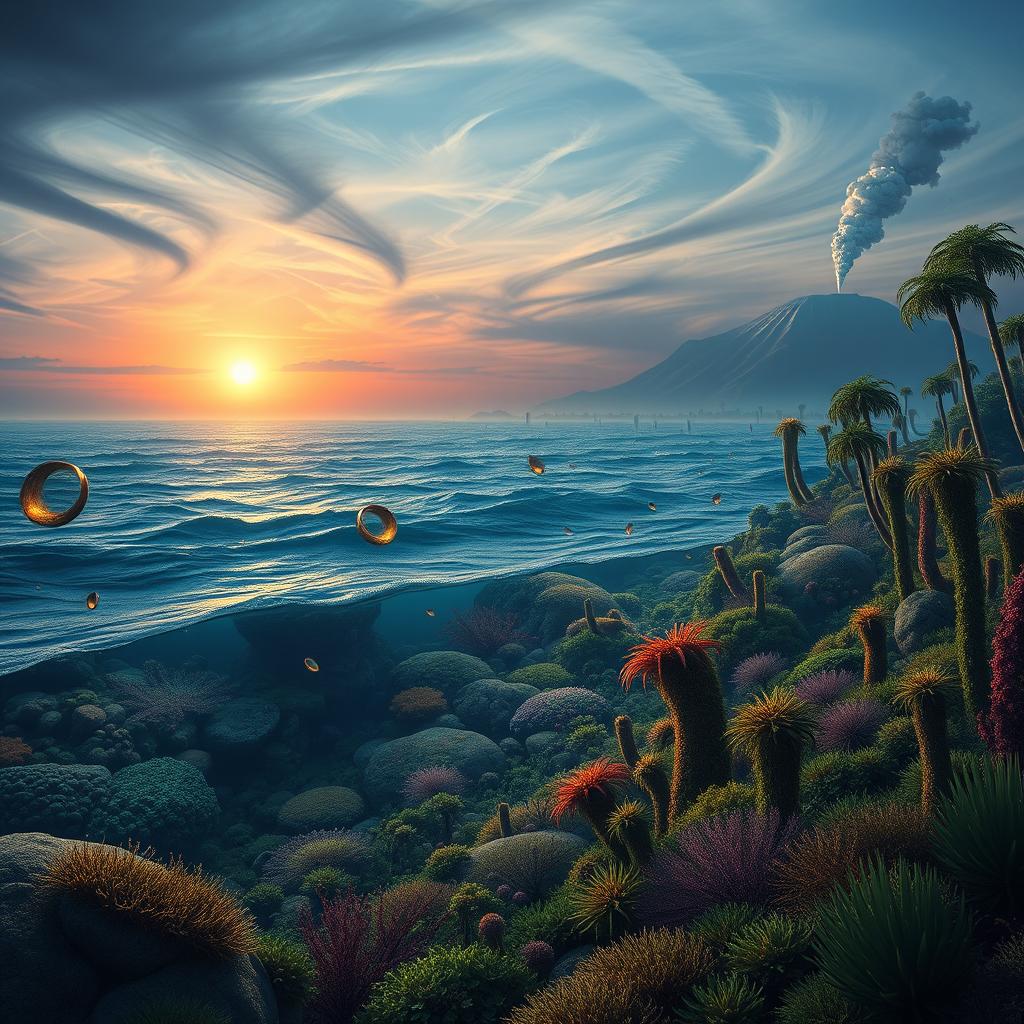An imaginative recreation of Earth 1 billion years ago, showcasing a lush, primordial landscape filled with diverse flora and fauna