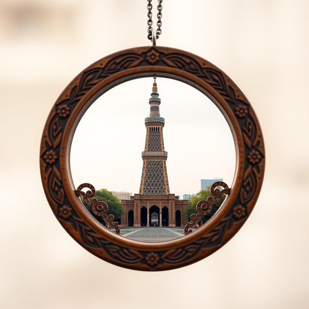 A circular frame featuring the Azadi Tower (Freedom Tower) in Tehran, Iran, beautifully illustrated as if encased within an intricately carved wooden pendant