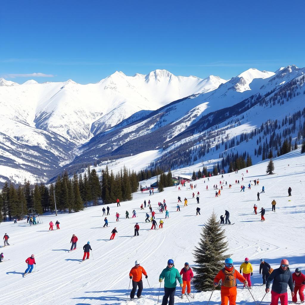 A stunning alpine mountain scene filled with humans skiing down the slopes