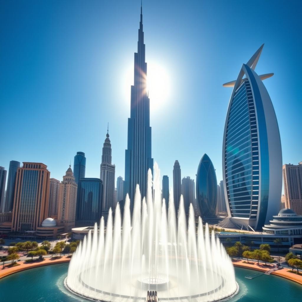 A stunning view of Dubai, showcasing its iconic landmarks such as the Burj Khalifa towering majestically over the skyline, the sail-shaped Burj Al Arab standing proudly by the coast, and the magnificent Palm Jumeirah shaped like a palm tree