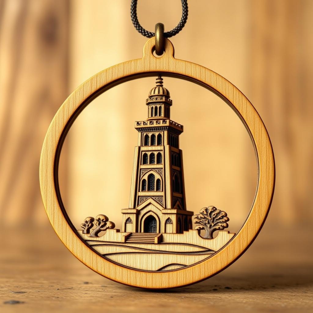A beautifully crafted pendant featuring the Azadi Tower in Tehran, Iran, intricately carved into the wood