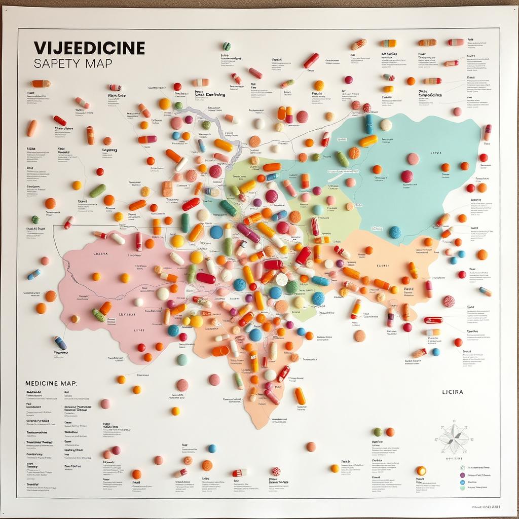 A large, detailed medicine sheet designed as a map, showcasing a variety of medicine pills in different shapes and sizes