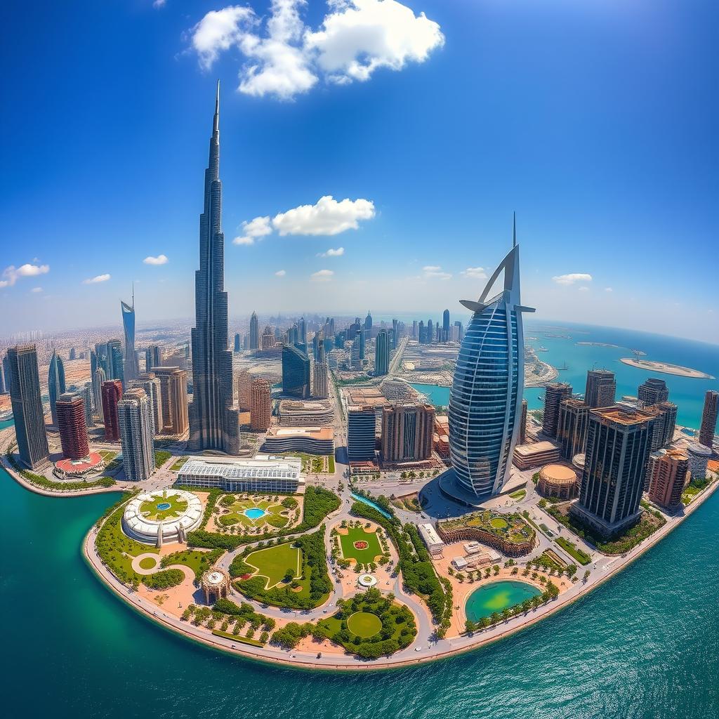 A stunning panoramic view of the city of Dubai, showcasing its iconic landmarks such as the Burj Khalifa soaring into the sky, the Burj Al Arab standing majestically by the sea, and the vibrant skyline filled with modern skyscrapers