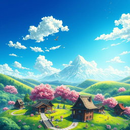 A vibrant and fantastical landscape inspired by anime, featuring lush green hills and colorful cherry blossom trees under a bright blue sky