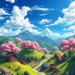 A vibrant and fantastical landscape inspired by anime, featuring lush green hills and colorful cherry blossom trees under a bright blue sky
