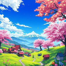 A vibrant and fantastical landscape inspired by anime, featuring lush green hills and colorful cherry blossom trees under a bright blue sky