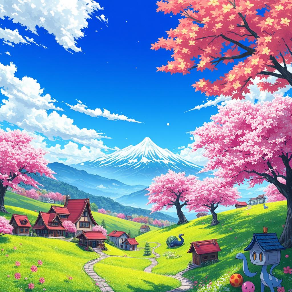A vibrant and fantastical landscape inspired by anime, featuring lush green hills and colorful cherry blossom trees under a bright blue sky