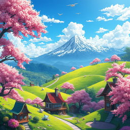 A vibrant and fantastical landscape inspired by anime, featuring lush green hills and colorful cherry blossom trees under a bright blue sky