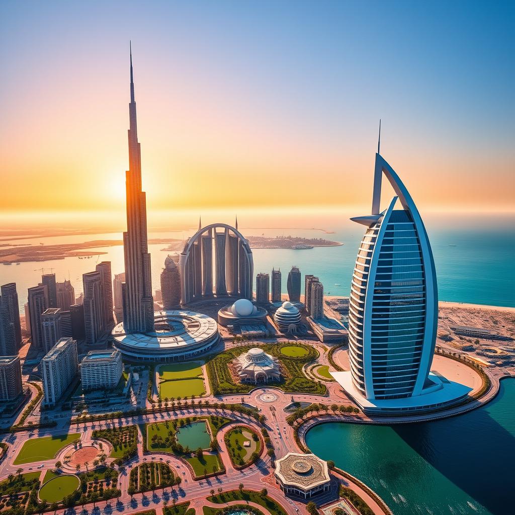 A vibrant skyline view of Dubai showcasing its iconic landmarks, including the Burj Khalifa towering above the city, the futuristic design of the Burj Al Arab, and the stunning Palm Jumeirah