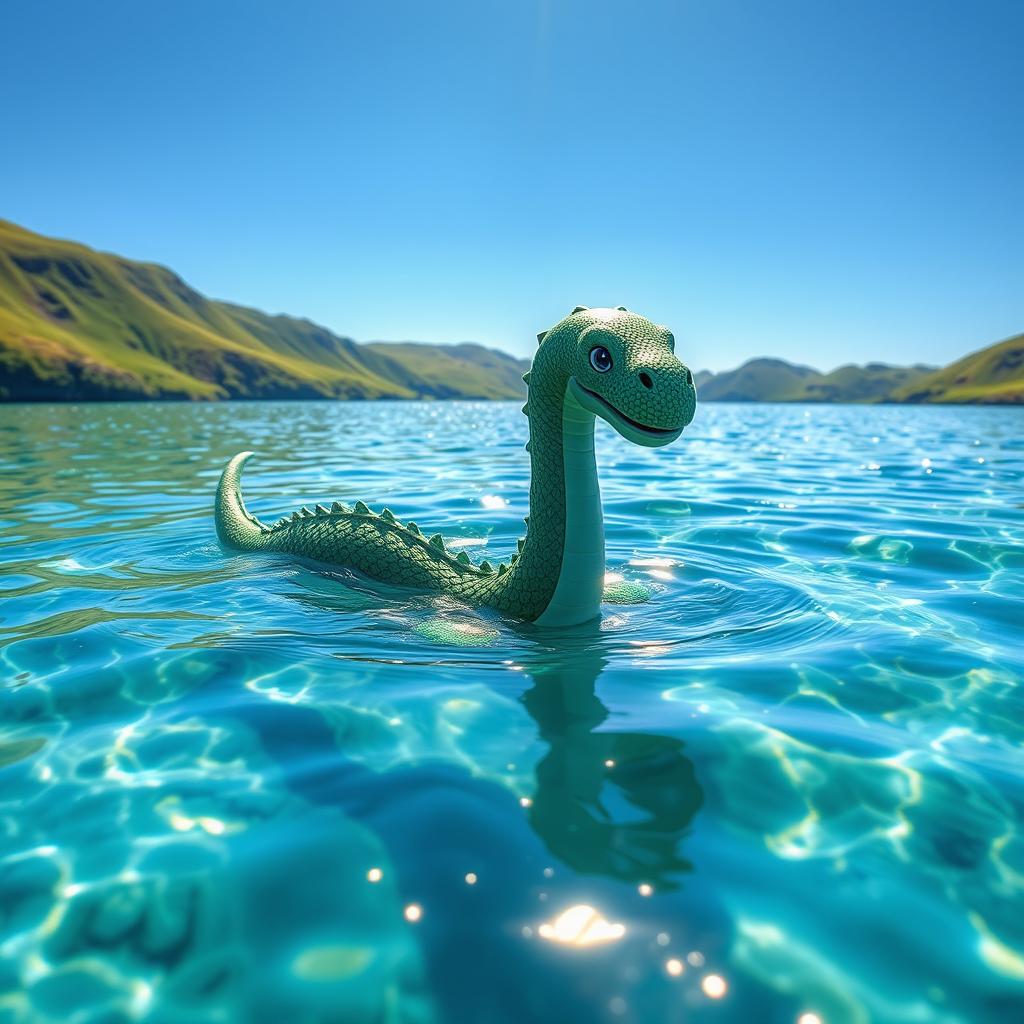 A charming and mythical creature resembling the Loch Ness Monster, affectionately known as Nessie, gliding gracefully through the crystal clear waters of a pristine lake