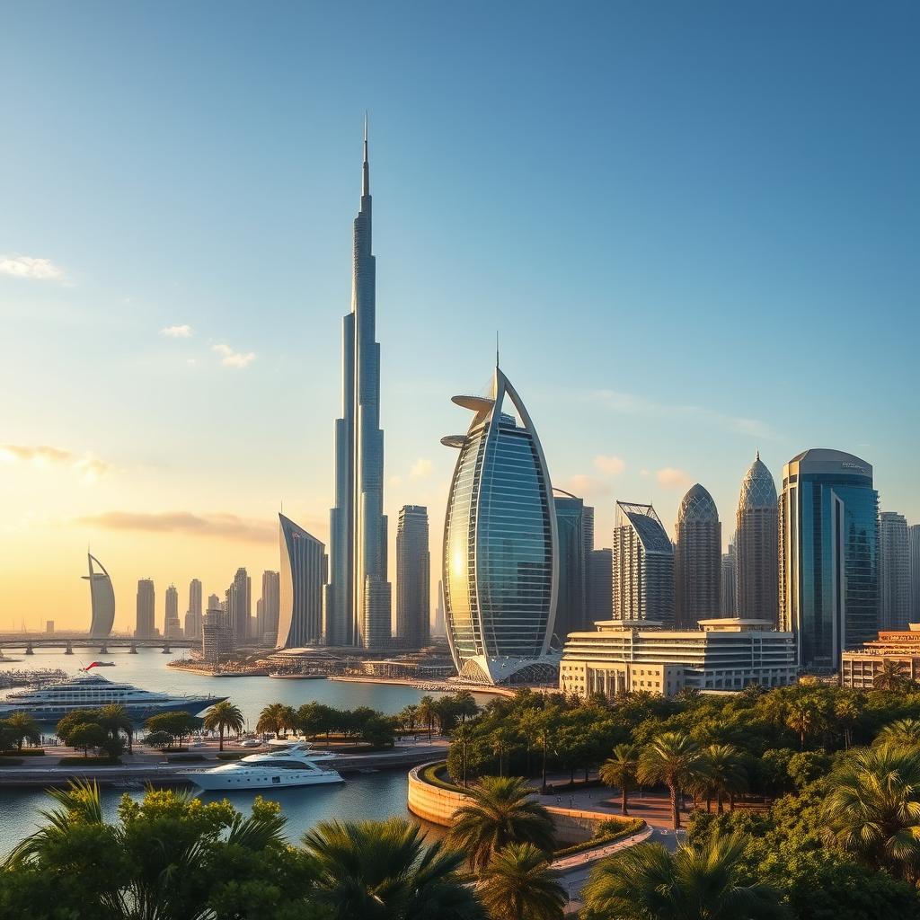 A stunning panoramic view of the city of Dubai, showcasing its beautiful landmarks such as the Burj Khalifa piercing the sky, the luxurious Burj Al Arab shaped like a sail, and the modern architectural marvels of the Dubai Marina