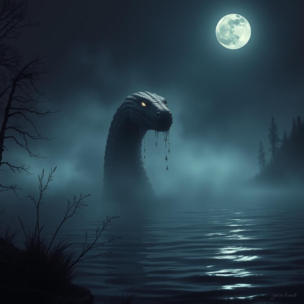 A horror-themed depiction of Nessie, the Loch Ness Monster, emerging from the dark depths of a foggy loch at night