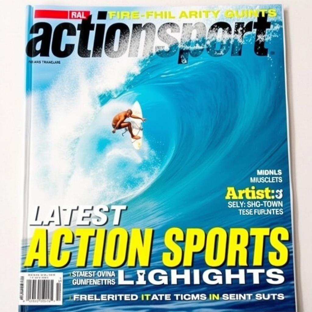 A dynamic scene featuring an athletic surfer skillfully riding an enormous wave, capturing the essence of action sports