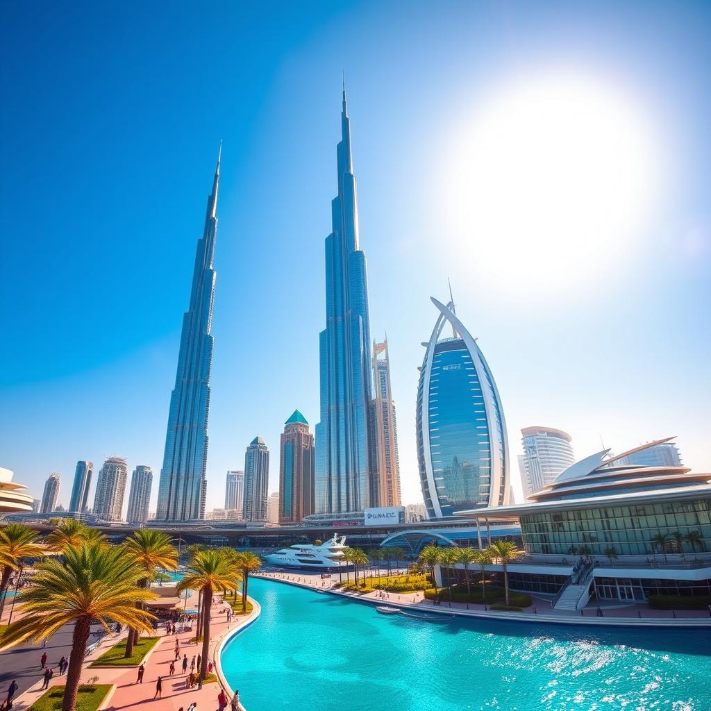 A stunning view of Dubai showcasing its iconic landmarks, including the Burj Khalifa towering majestically above the skyline, the luxurious Burj Al Arab with its sail-like design, and the modern architecture of the Dubai Marina