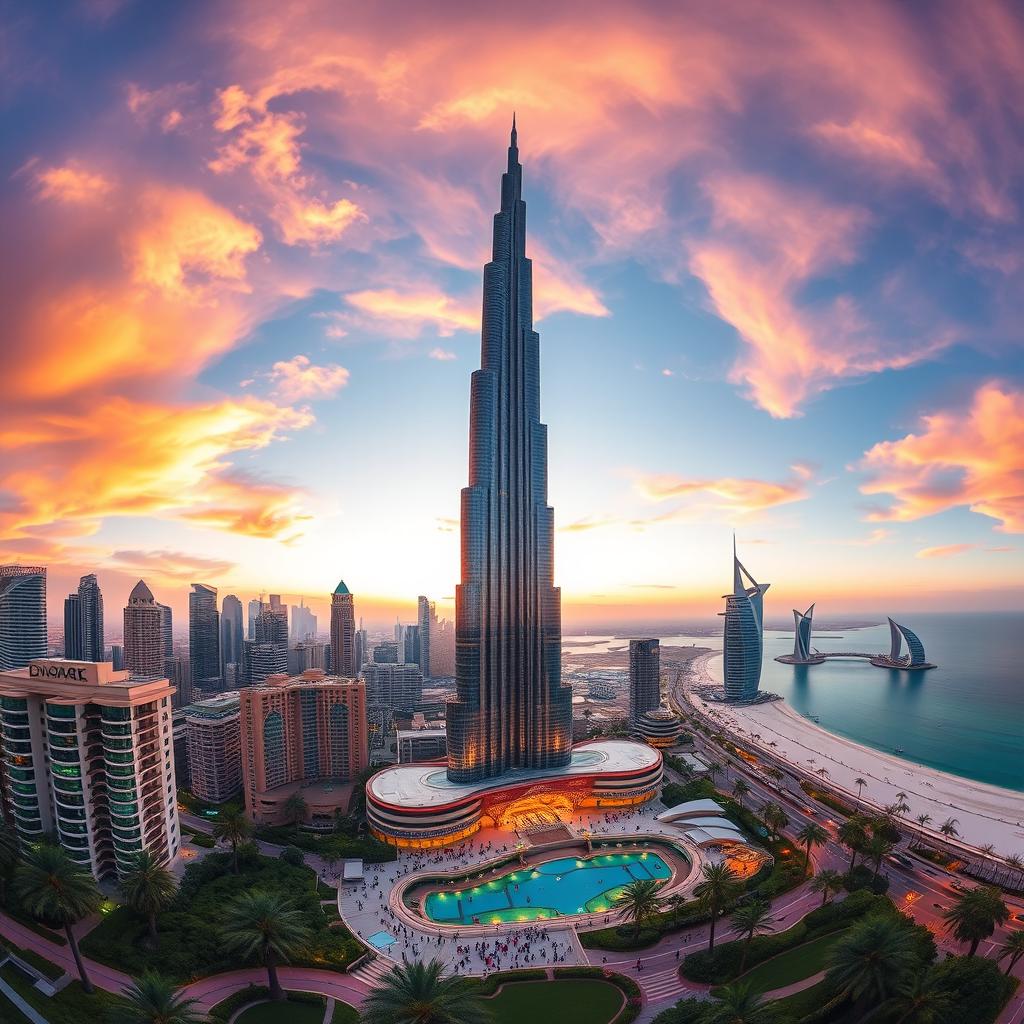 A stunning panoramic view of the city of Dubai showcasing its iconic landmarks