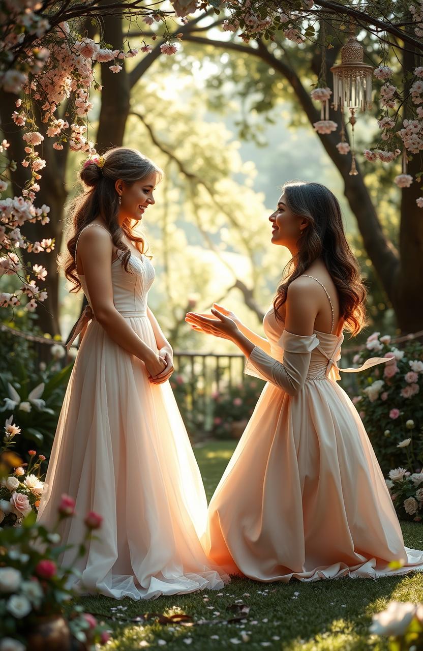 A romantic fantasy scene where a young woman is asking her best friend to be her bridesmaid