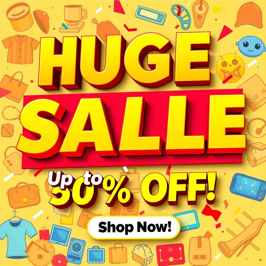 A vibrant and eye-catching poster design for a sale event featuring bold text that reads 'HUGE SALE! Up to 50% OFF!' in an attractive font