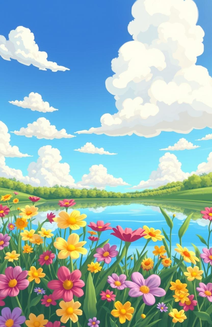 A whimsical cartoon scene depicting a serene lake surrounded by vibrant flowers in full bloom