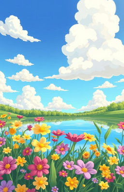A whimsical cartoon scene depicting a serene lake surrounded by vibrant flowers in full bloom
