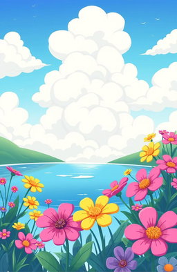 A whimsical cartoon scene depicting a serene lake surrounded by vibrant flowers in full bloom