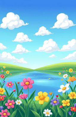 A whimsical cartoon scene depicting a serene lake surrounded by vibrant flowers in full bloom
