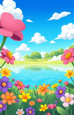 A whimsical cartoon scene depicting a serene lake surrounded by vibrant flowers in full bloom
