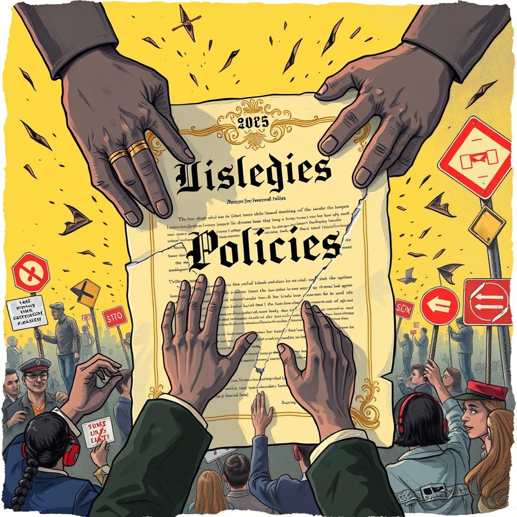 A detailed illustration of a metaphorical representation of 'disrespect for policies', featuring a large, ornate document labeled 'Policies' being torn apart by shadowy hands representing various forms of disrespect