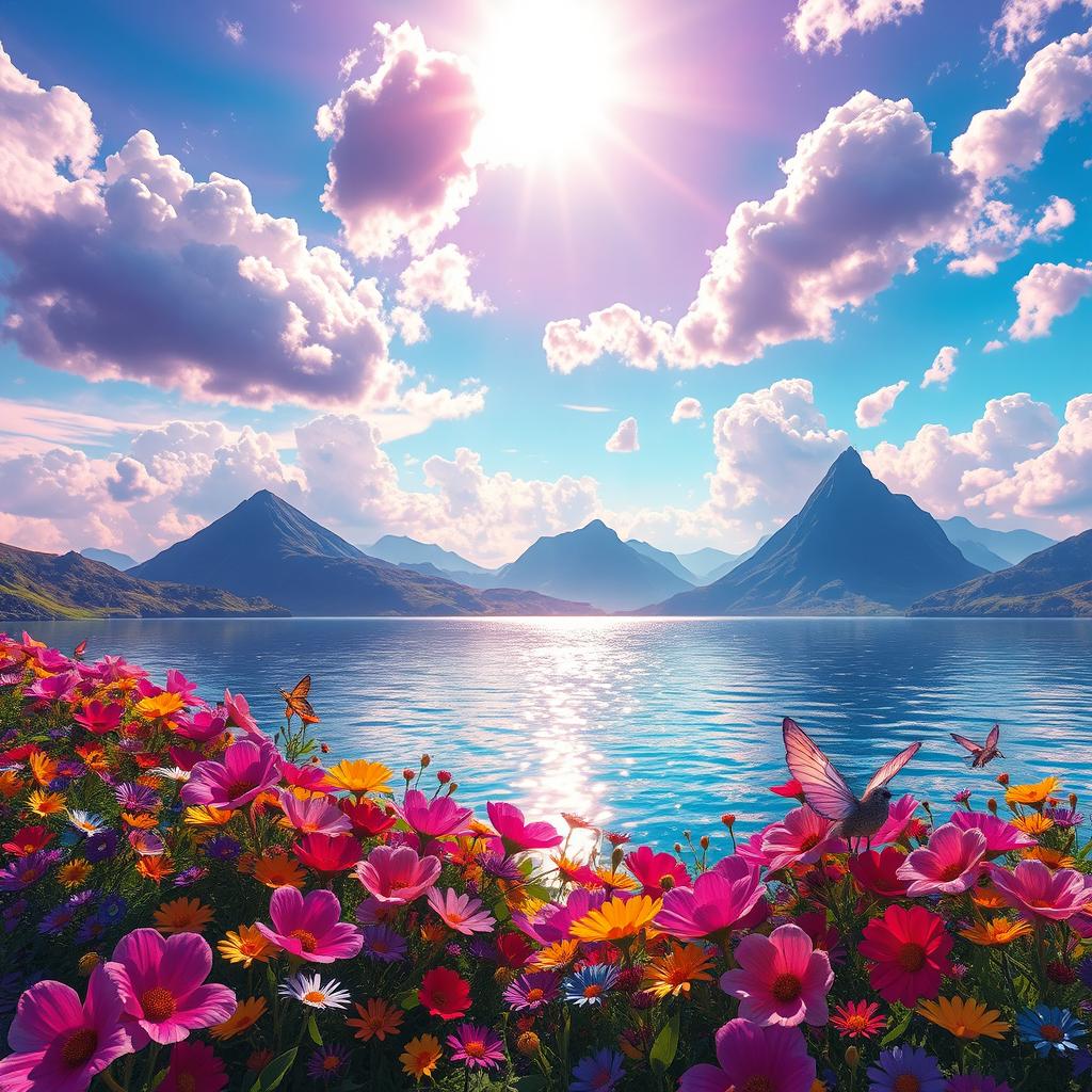 A serene fantasy landscape featuring a shimmering lake surrounded by vibrant, colorful flowers in full bloom