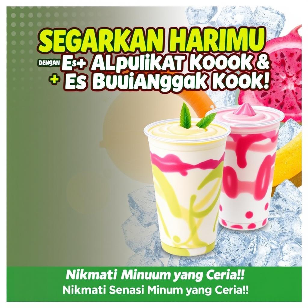 A visually appealing poster for a sale event featuring two special drinks: 'Es Alpukat Kocok' and 'Es Buah Naga Kocok'