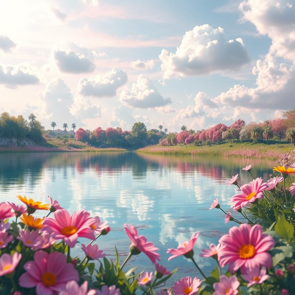 A serene fantasy landscape featuring a tranquil lake surrounded by vibrant flowers in pastel tones