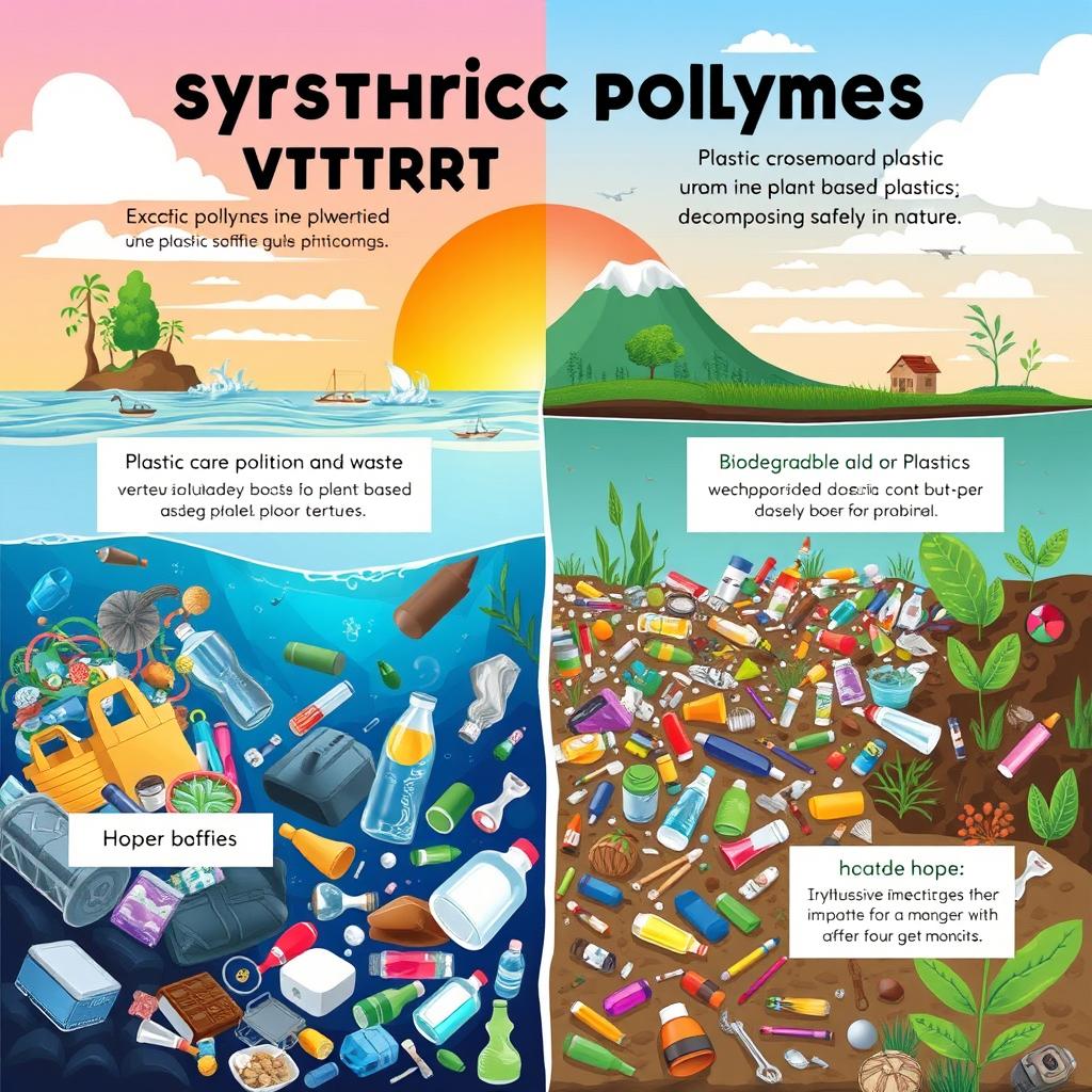 An informative illustration showcasing the negative impacts of synthetic polymers on the environment, highlighting scenes of pollution and waste versus biodegradable materials