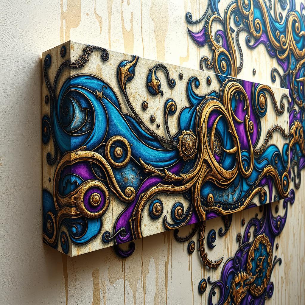 A detailed abstract artwork featuring intricate and mysterious patterns displayed on the side of a canvas