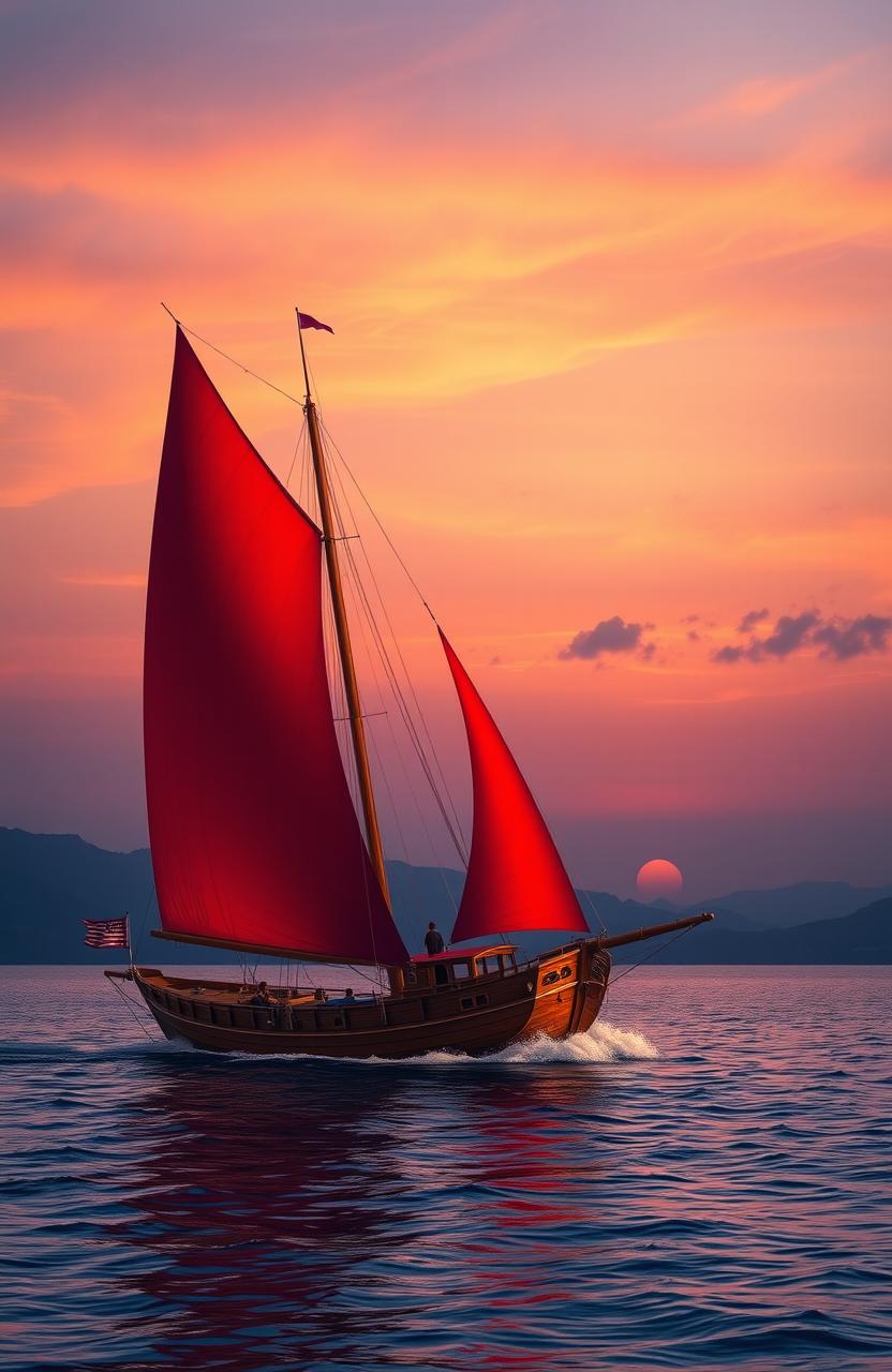 A mystical scene depicting a beautiful sailboat with scarlet sails, gliding gracefully across calm waters under a twilight sky