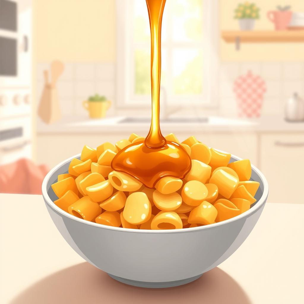 An artistic illustration of a bowl of cornflakes with honey dripping over them