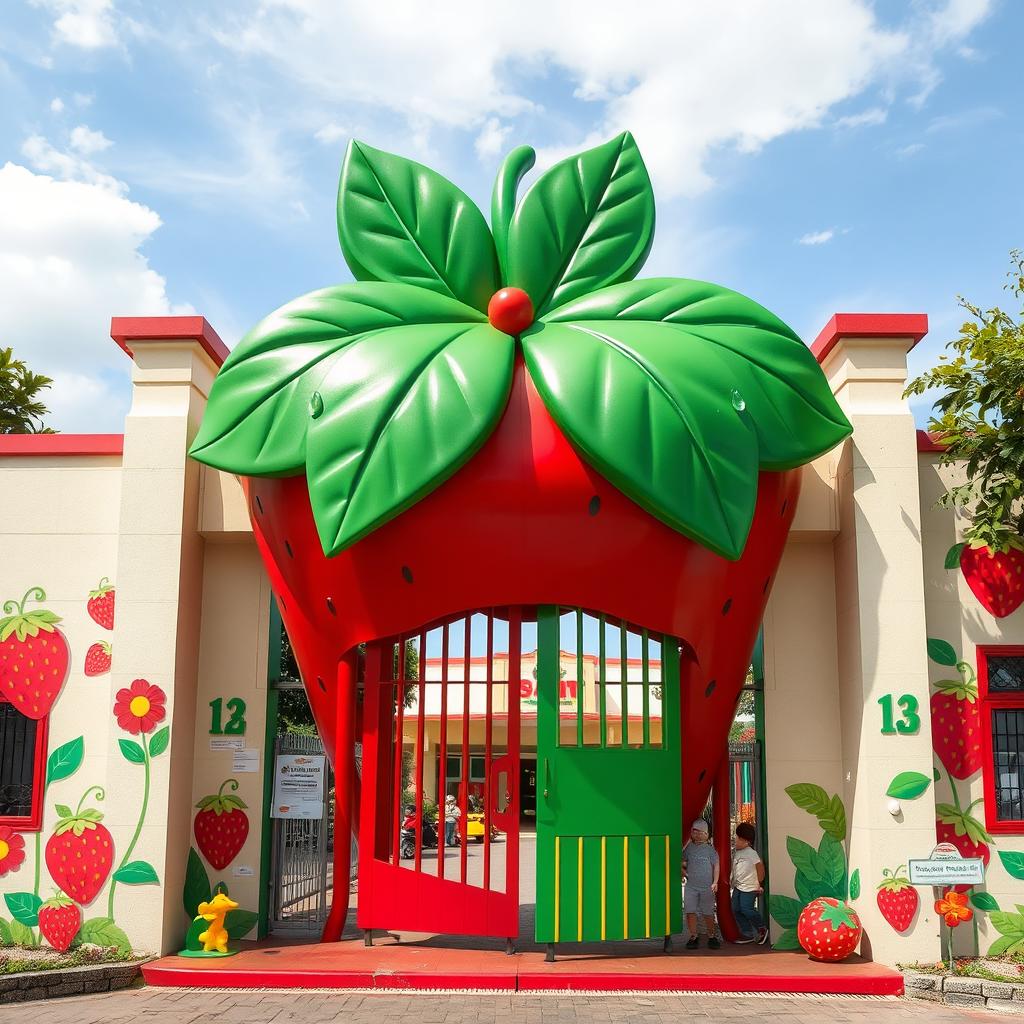 A vibrant and creative school entrance gate inspired by a strawberry, featuring a large, oversized strawberry shape as the main structure