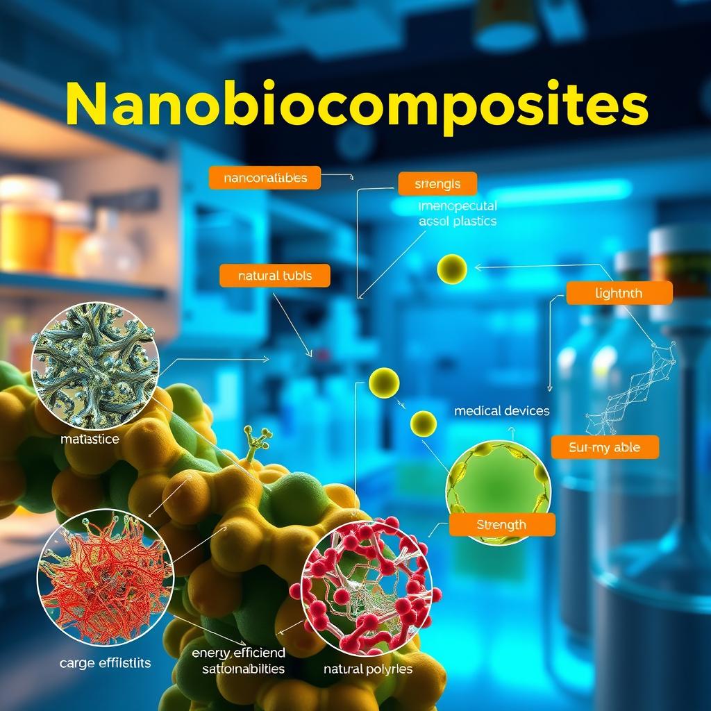 A visually striking representation of nanobiocomposites, illustrating their components and applications