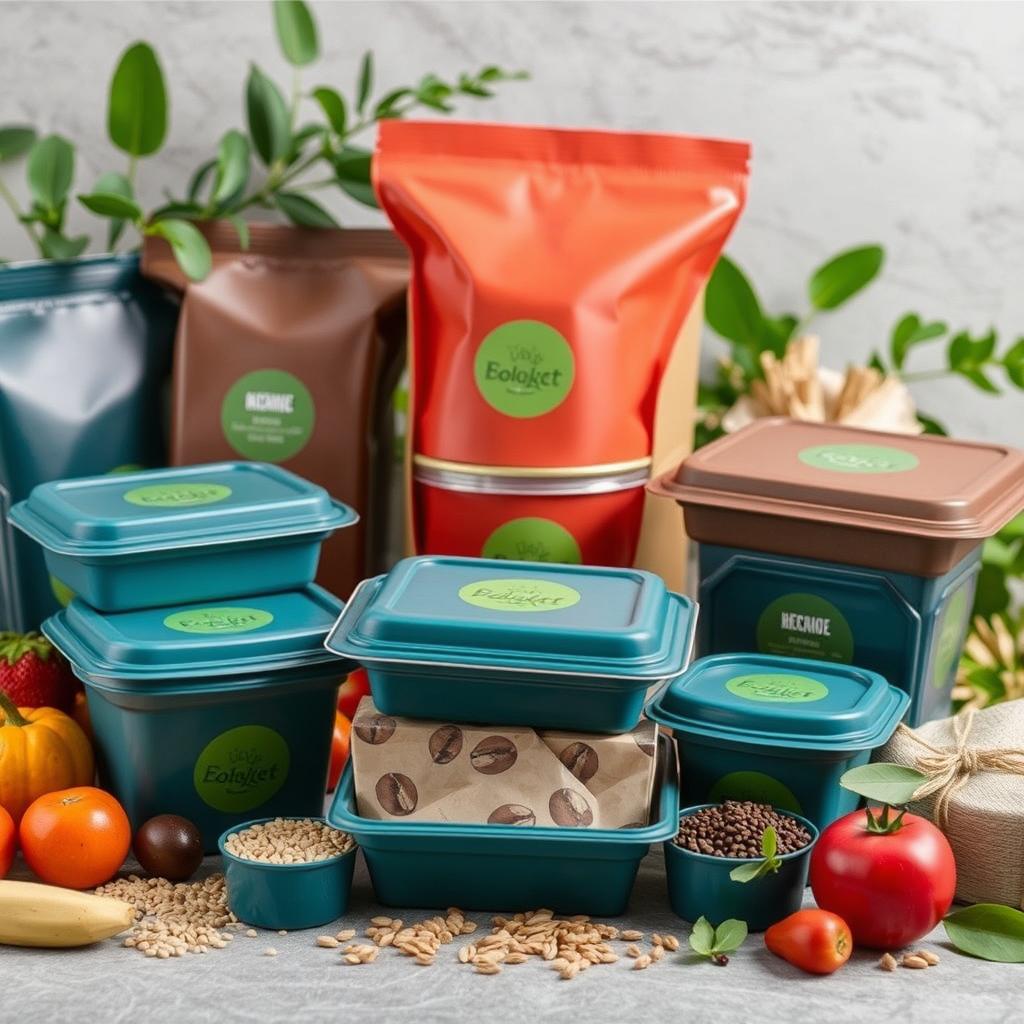 An array of innovative food packaging solutions made from biopolymers, featuring biodegradable containers, compostable wraps, and sustainable designs