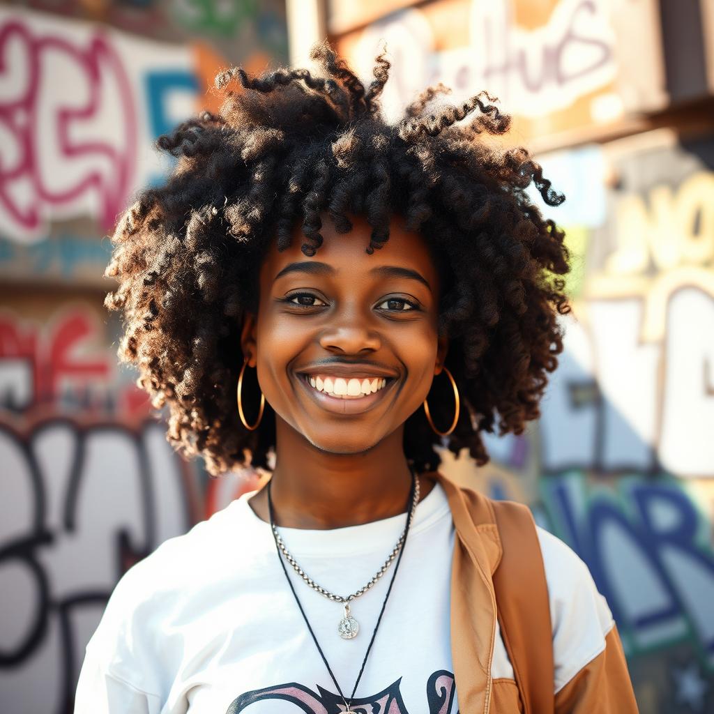 A portrait of a black person with natural curly hair, smiling brightly, wearing a stylish casual outfit, set against a vibrant urban background filled with graffiti art