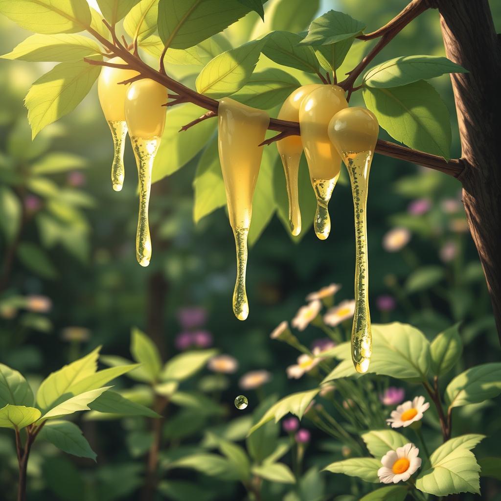 An artistic illustration of a natural scene featuring gum tragacanth, showcasing the sap of the plant as it drips from branches