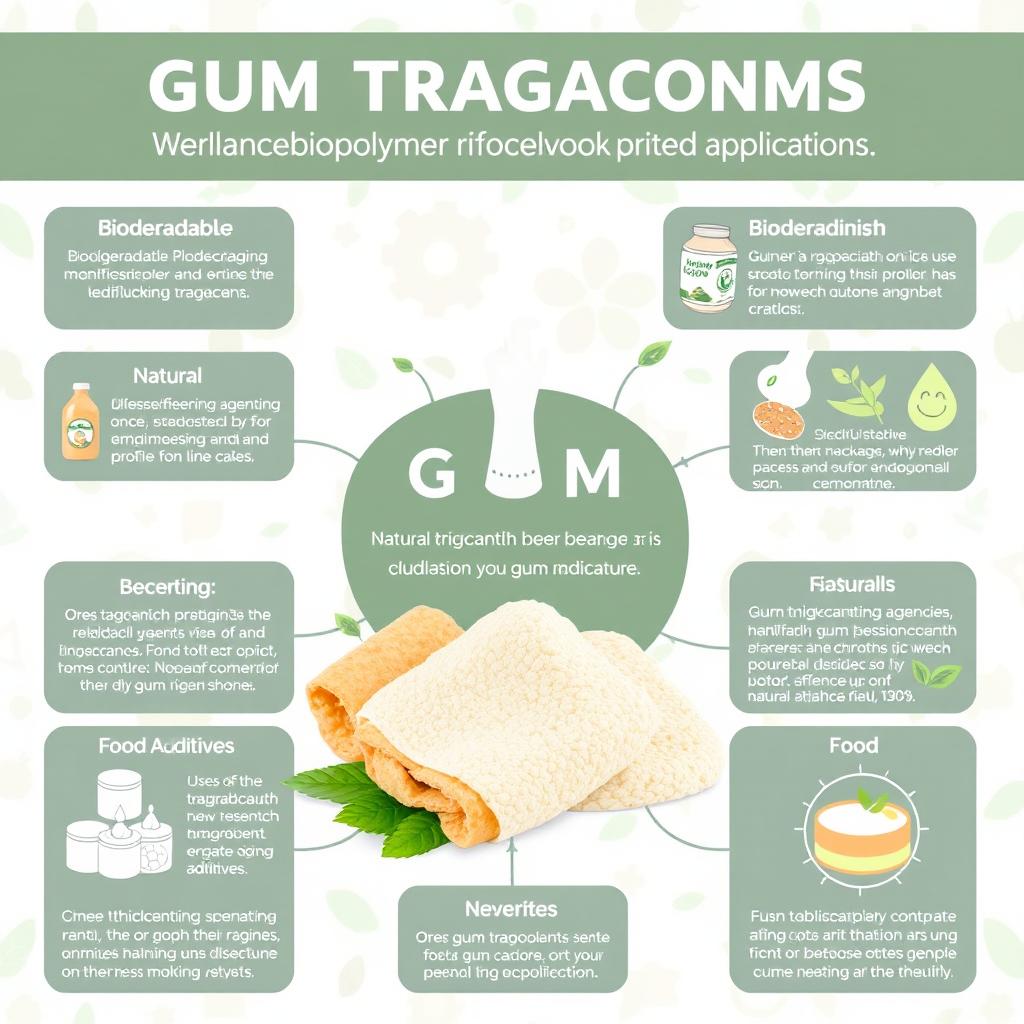 An educational infographic illustrating the uses of gum tragacanth in biopolymer applications